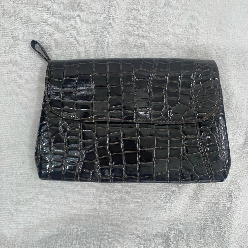 Barr + Barr New York Women's Brown Faux Croc Makeup Small Toiletries Bag Travel